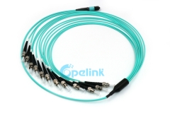 Puente de fibra OM3 MPO-ST, cable de distribución en abanico MPO de 12 fibras, uso para sistema de alta densidad MPO a cable de conexión de fibra óptica ST